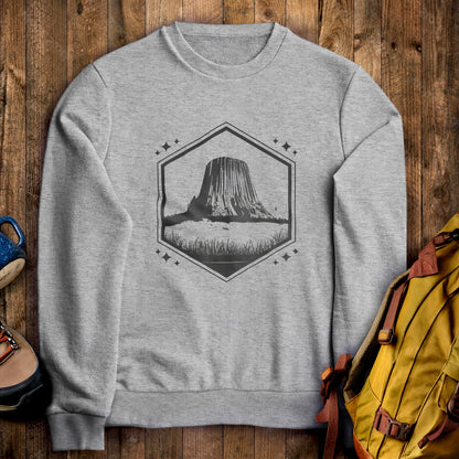 Devil’s Tower Wyoming Crewneck Sweatshirt Sport Grey Adventure and Outdoors Themed Sweatshirt
