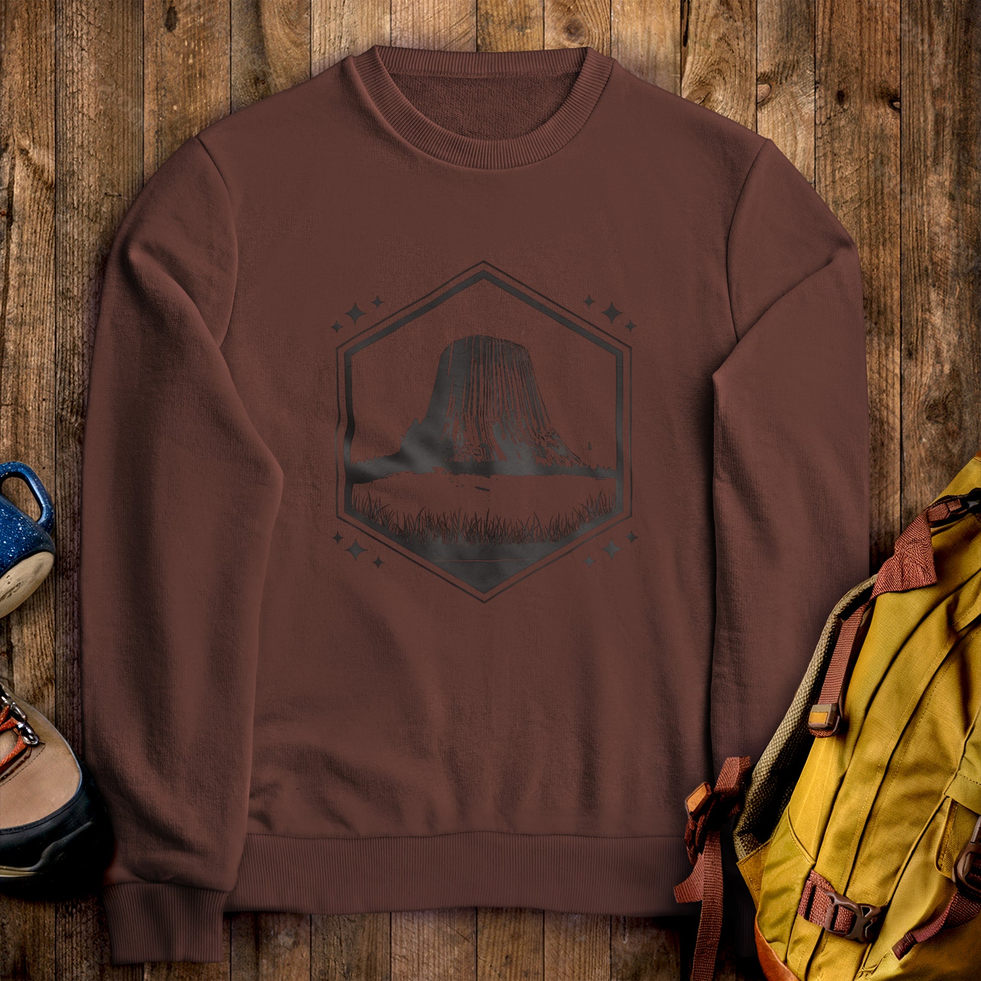 Devil’s Tower Wyoming Crewneck Sweatshirt Cocoa Adventure and Outdoors Themed Sweatshirt