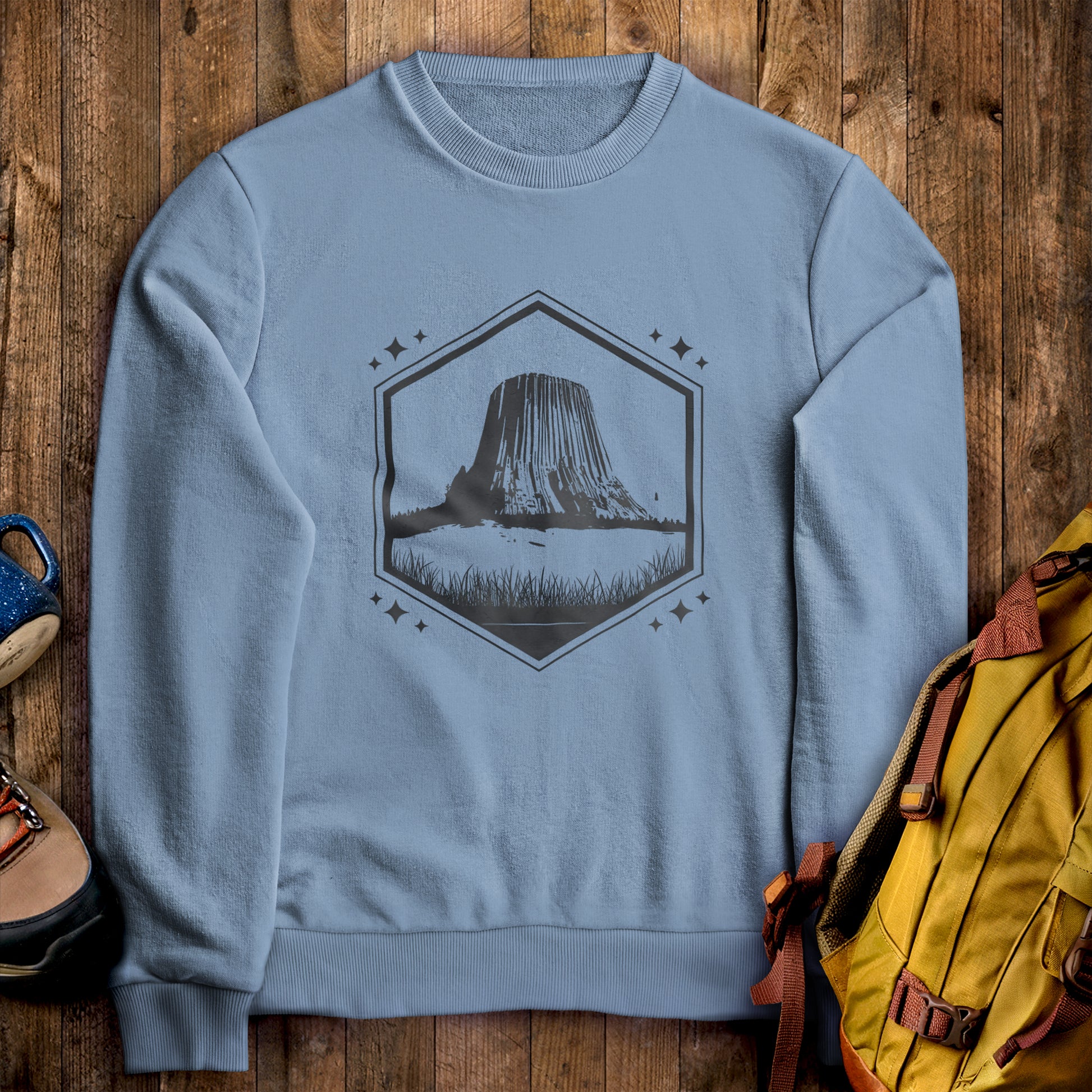 Devil’s Tower Wyoming Crewneck Sweatshirt Stone Blue Adventure and Outdoors Themed Sweatshirt