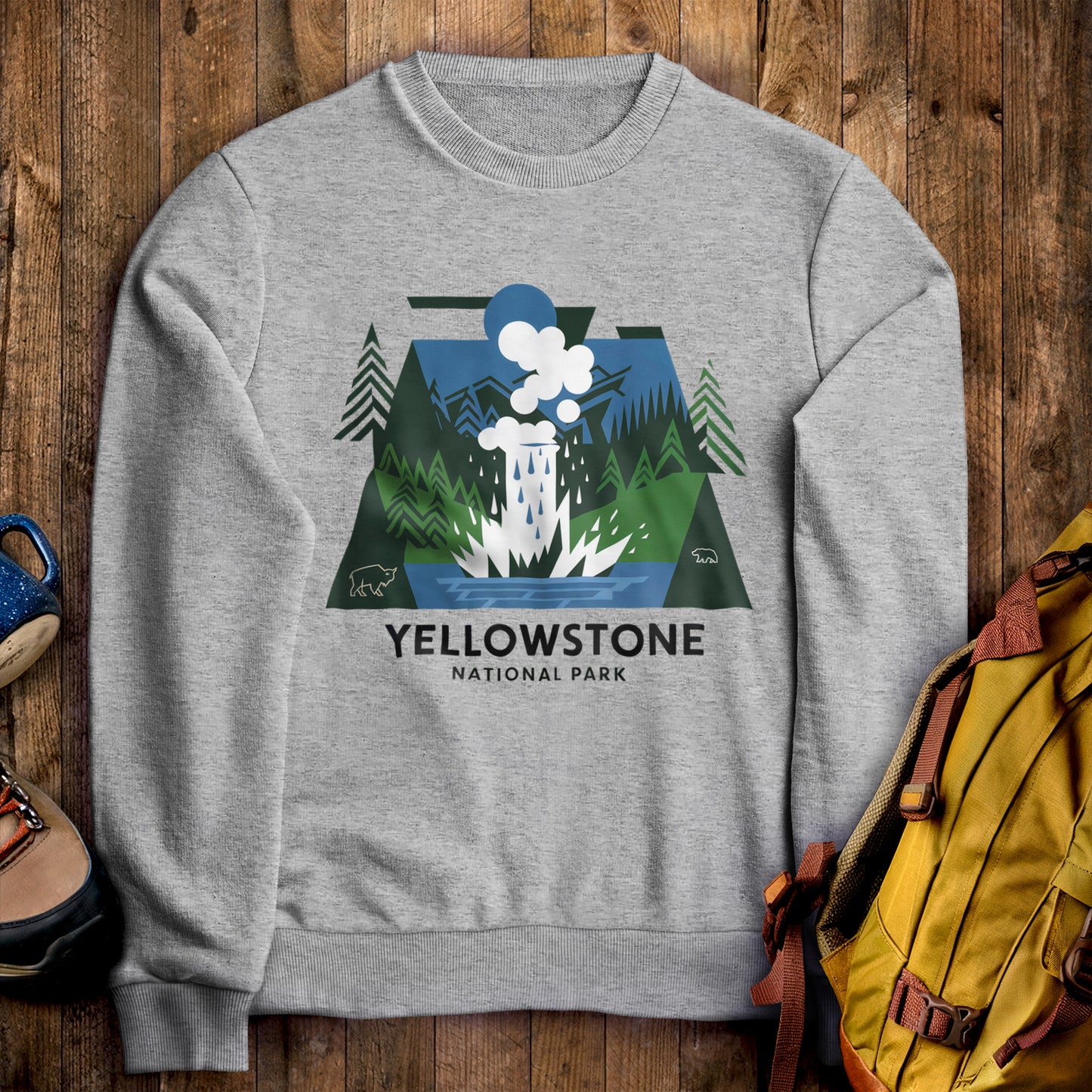 Yellowstone National Park Crewneck Sweatshirt Sport Grey Adventure and Outdoors Themed Sweatshirt