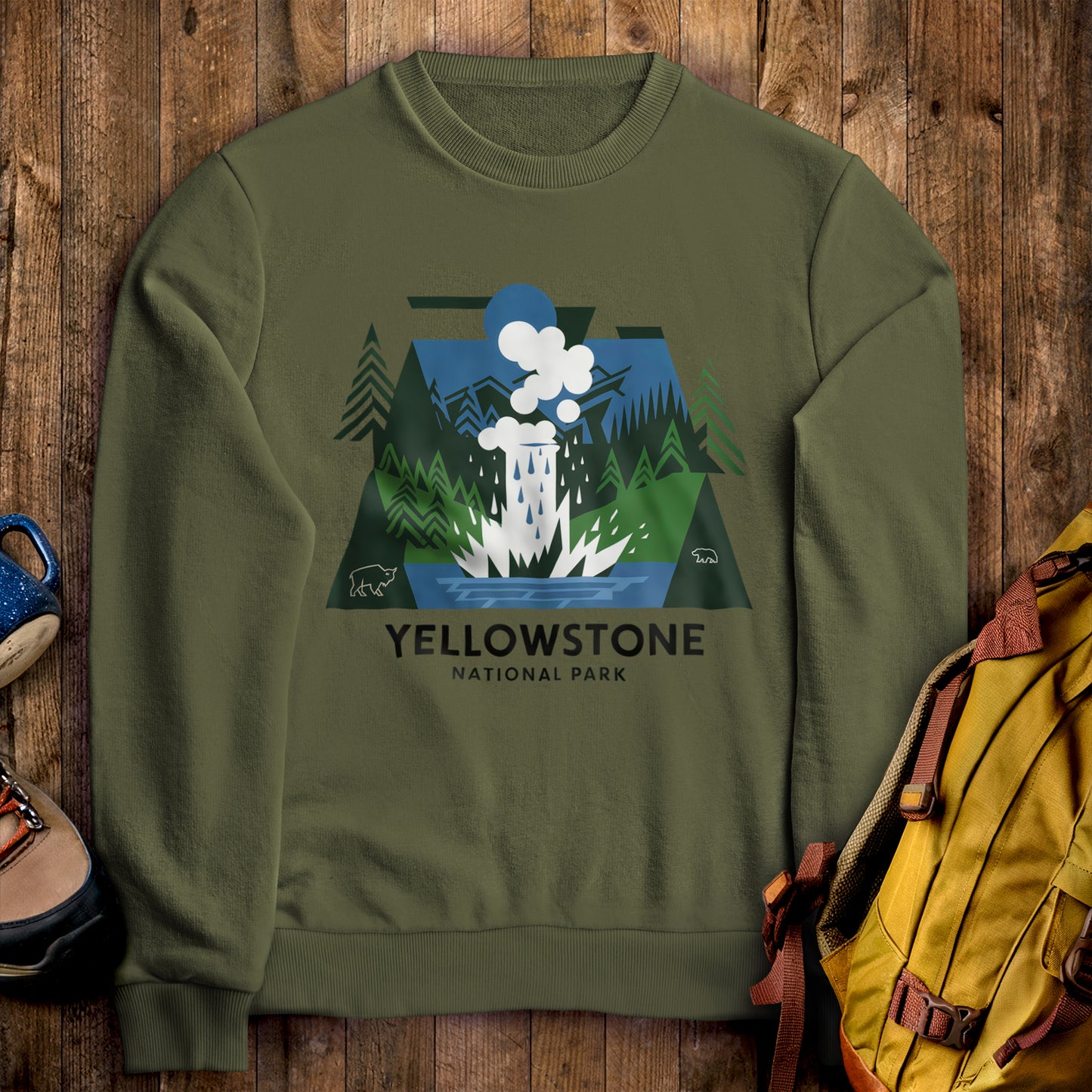 Yellowstone National Park Crewneck Sweatshirt Military Green Adventure and Outdoors Themed Sweatshirt