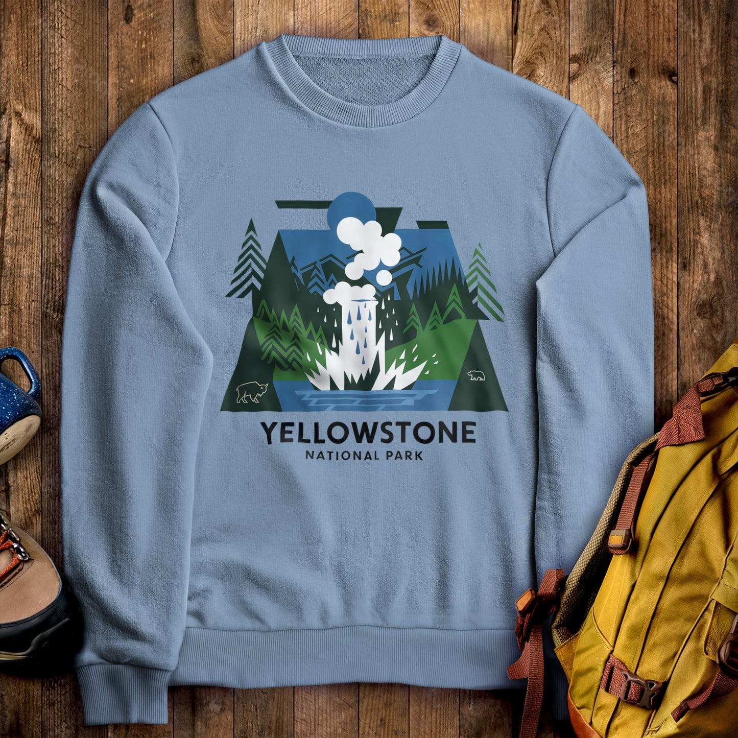Yellowstone National Park Crewneck Sweatshirt Stone Blue Adventure and Outdoors Themed Sweatshirt