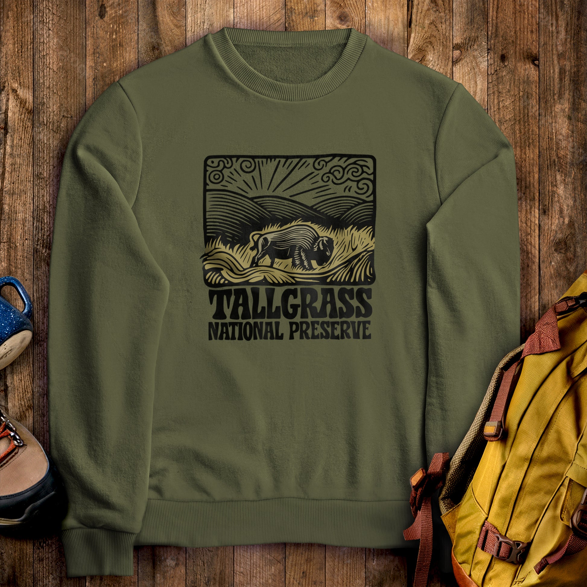 Tallgrass Prairie National Preserve Crewneck Sweatshirt Military Green Adventure and Outdoors Themed Sweatshirt