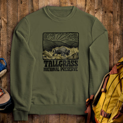 Tallgrass Prairie National Preserve Crewneck Sweatshirt Military Green Adventure and Outdoors Themed Sweatshirt
