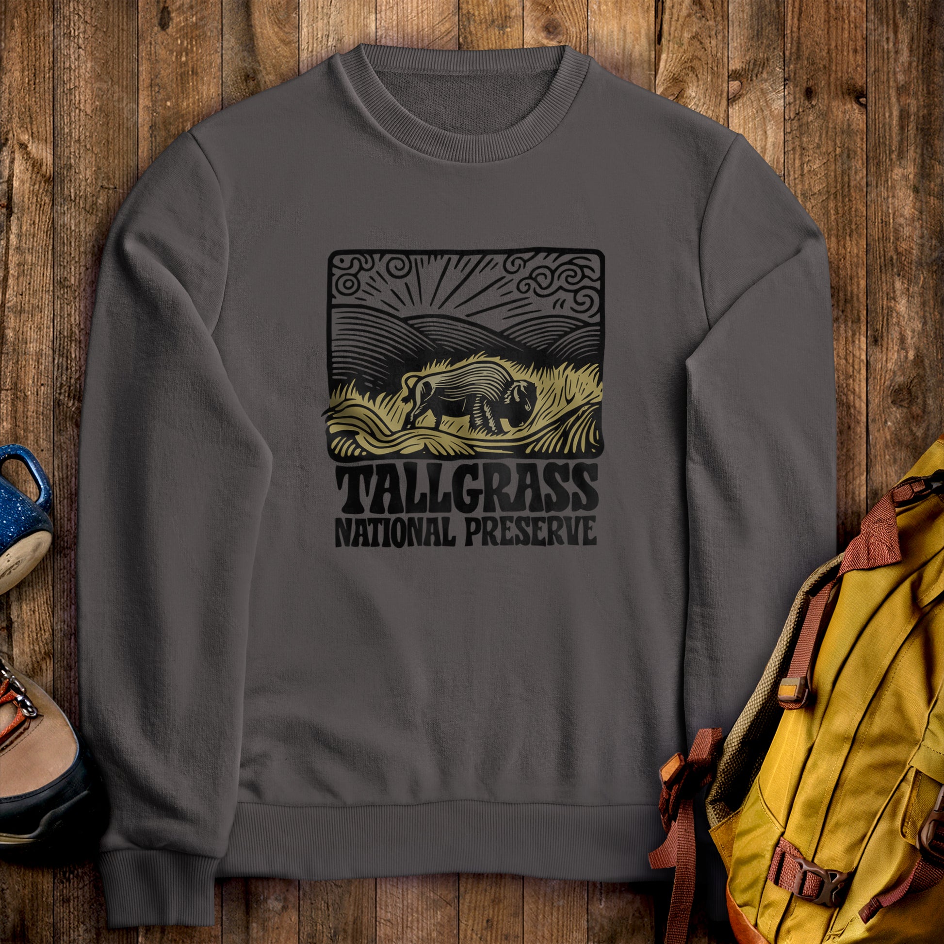 Tallgrass Prairie National Preserve Crewneck Sweatshirt Charcoal Adventure and Outdoors Themed Sweatshirt