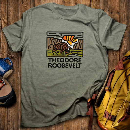 Theodore Roosevelt National Park T-Shirt Heather Military Green Adventure and Outdoors Themed T-Shirt