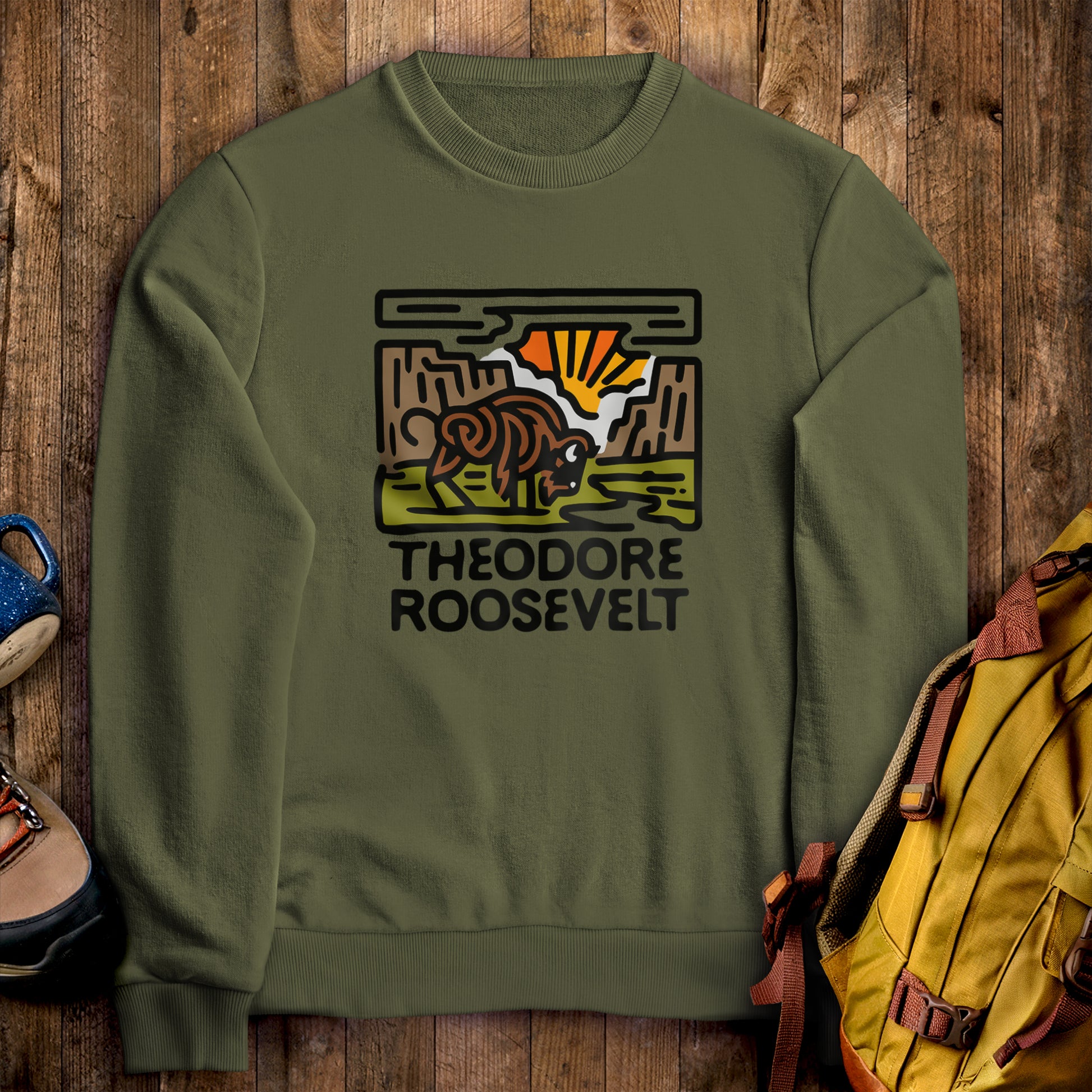 Theodore Roosevelt National Park Crewneck Sweatshirt Military Green Adventure and Outdoors Themed Sweatshirt