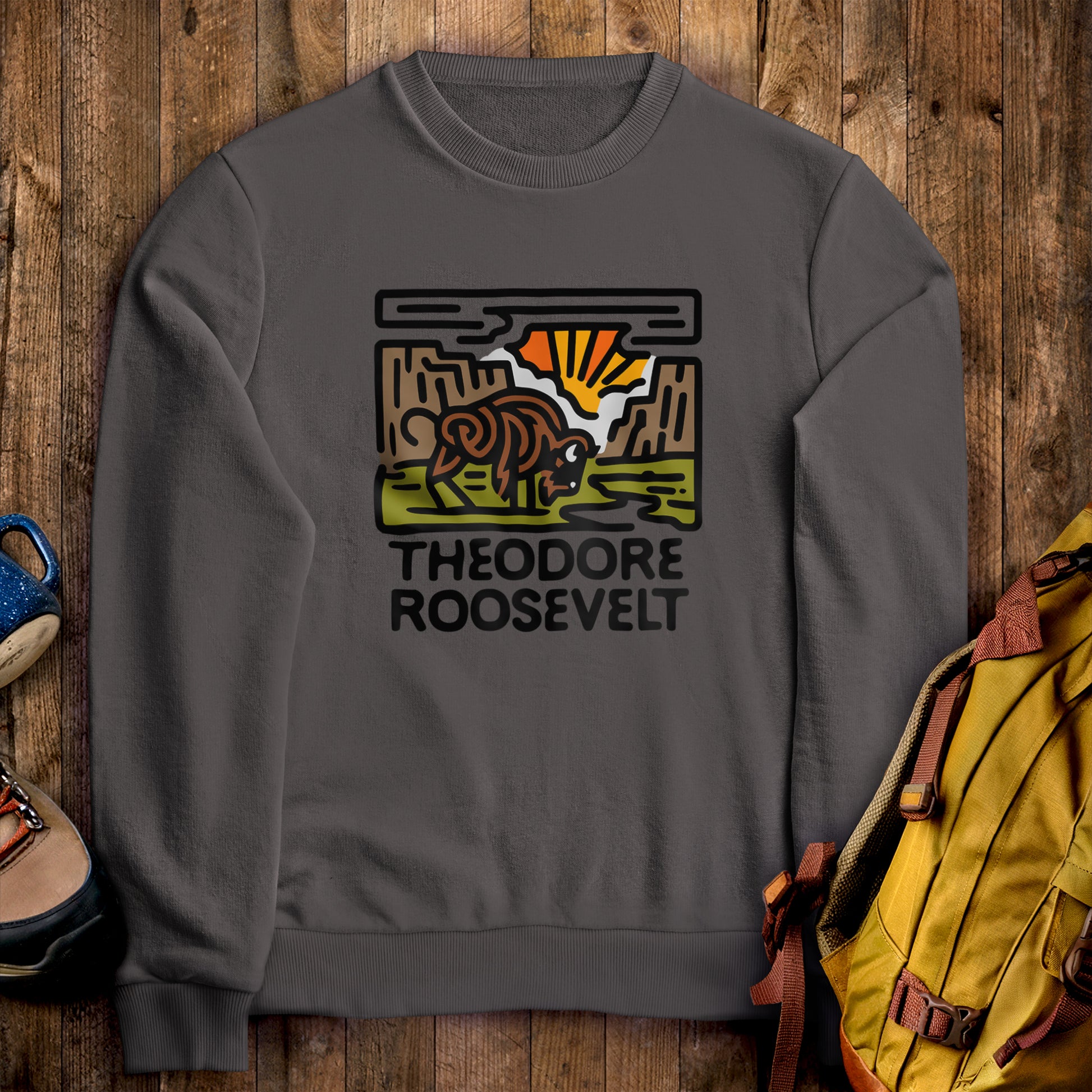 Theodore Roosevelt National Park Crewneck Sweatshirt Charcoal Adventure and Outdoors Themed Sweatshirt