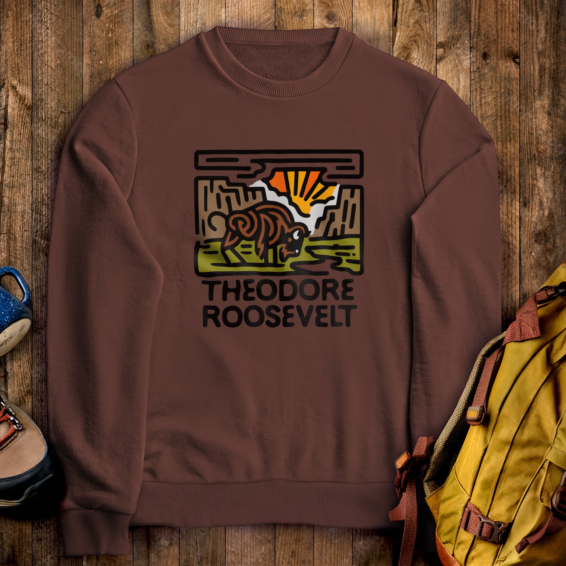 Theodore Roosevelt National Park Crewneck Sweatshirt Cocoa Adventure and Outdoors Themed Sweatshirt