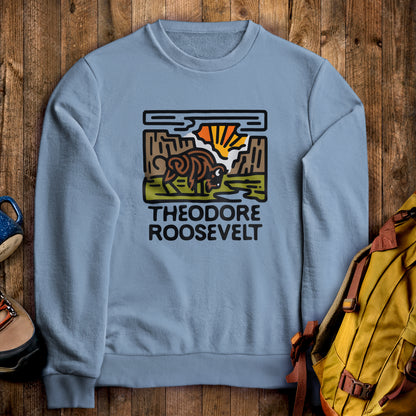 Theodore Roosevelt National Park Crewneck Sweatshirt Stone Blue Adventure and Outdoors Themed Sweatshirt