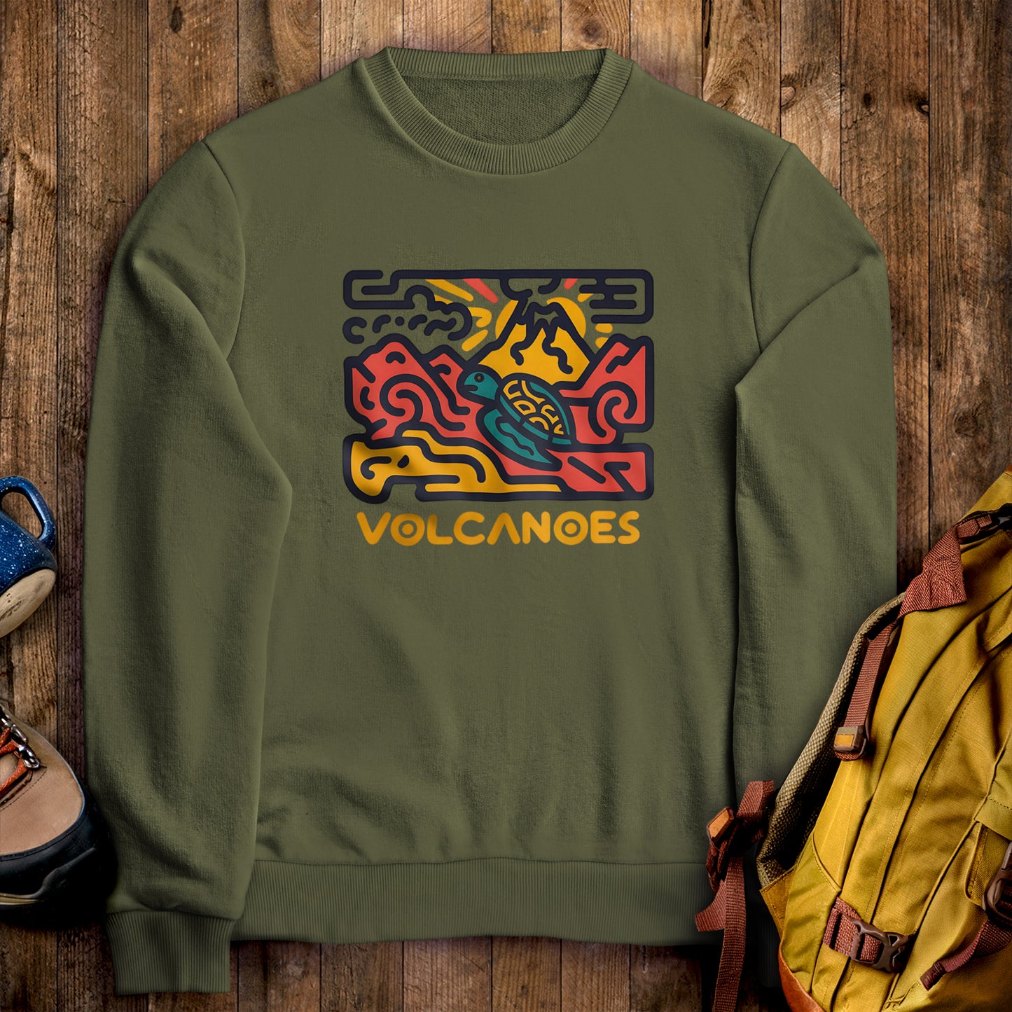 Hawai'i Volcanoes National Park Crewneck Sweatshirt Military Green Adventure and Outdoors Themed Sweatshirt