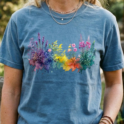 Watercolor Acadia Wildflowers Cotton T-Shirt