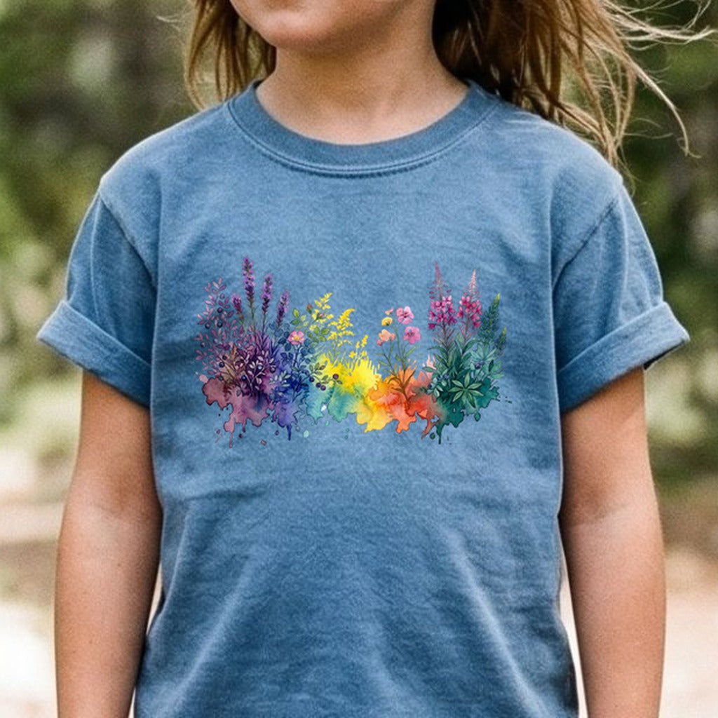 Watercolor Acadia Wildflowers Kids Cotton T-Shirt