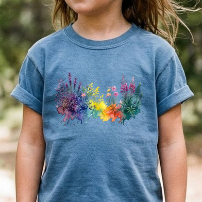 Watercolor Acadia Wildflowers Kids Cotton T-Shirt