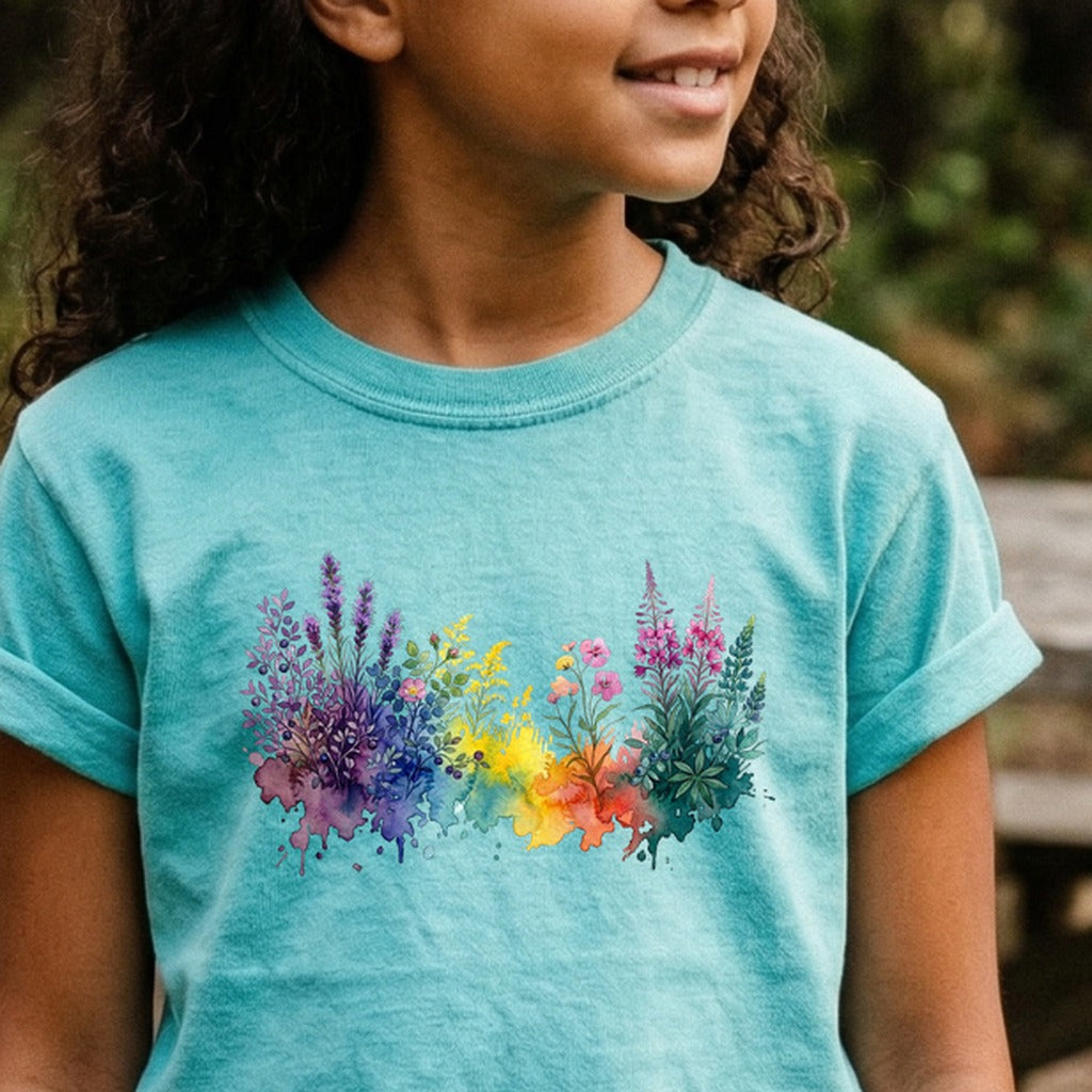 Watercolor Acadia Wildflowers Kids Cotton T-Shirt