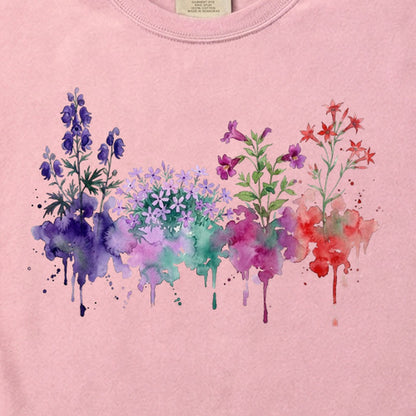 Watercolor Crater Lake Wildflowers Cotton T-Shirt