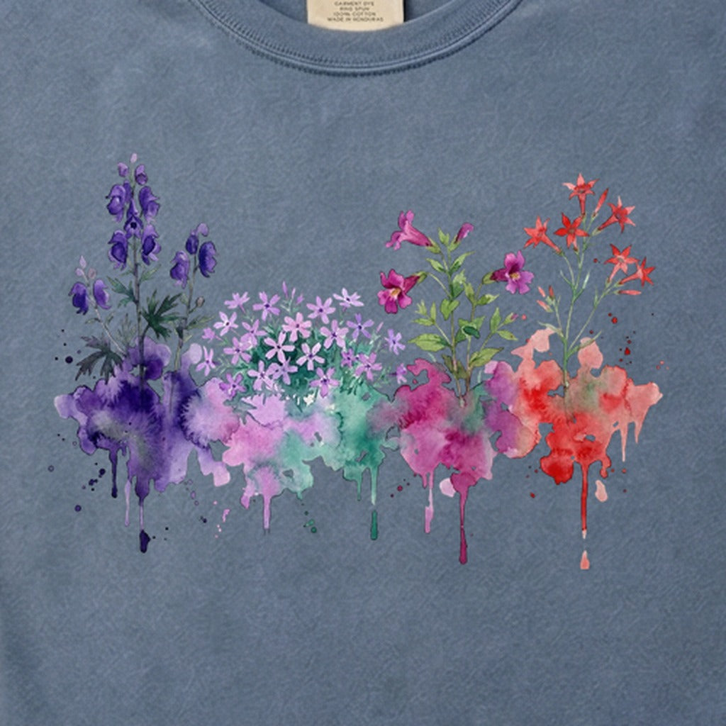 Watercolor Crater Lake Wildflowers Cotton T-Shirt