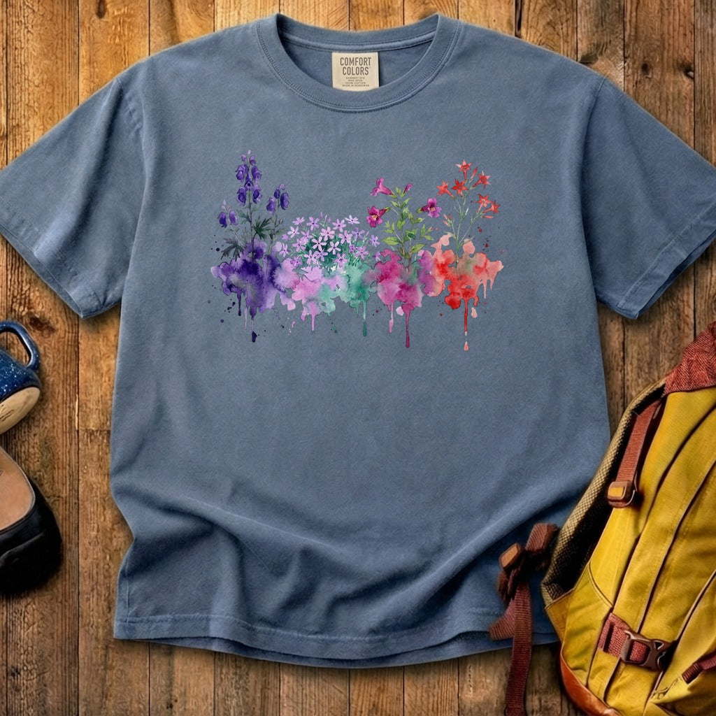 Watercolor Crater Lake Wildflowers Cotton T-Shirt