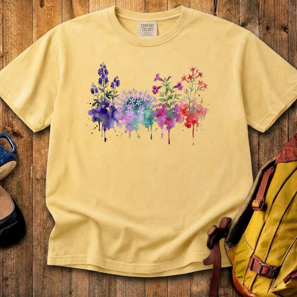 Watercolor Crater Lake Wildflowers Cotton T-Shirt