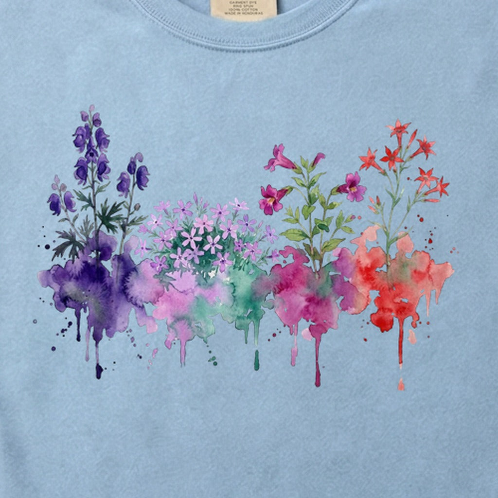 Watercolor Crater Lake Wildflowers Cotton T-Shirt