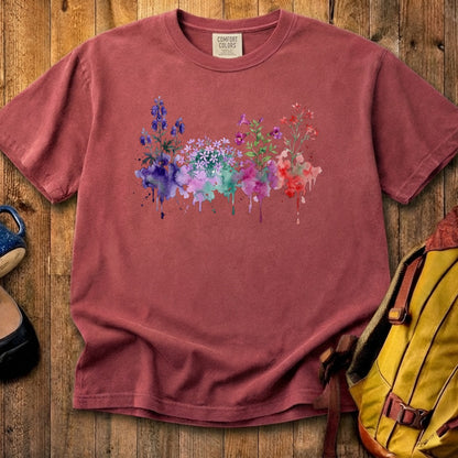Watercolor Crater Lake Wildflowers Cotton T-Shirt