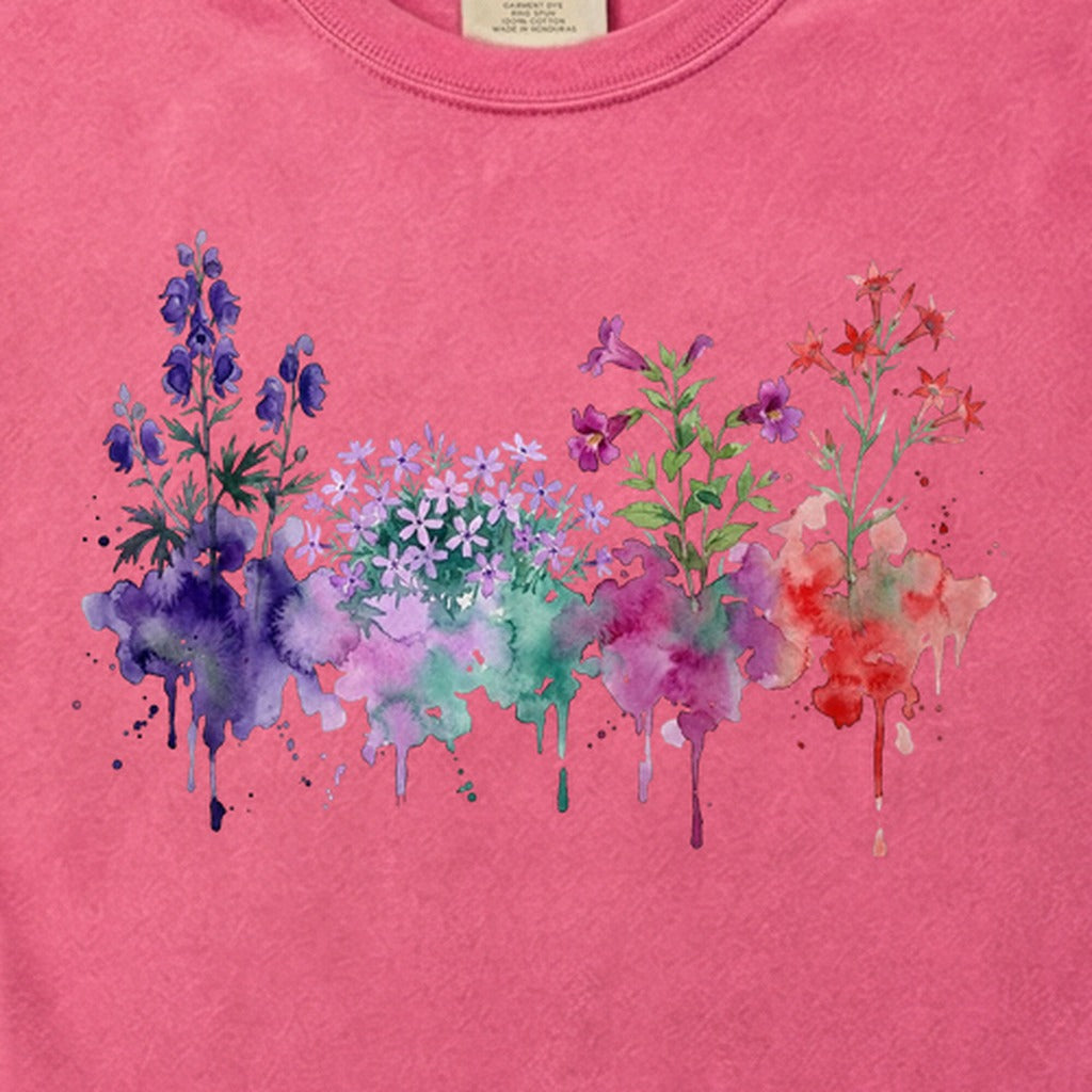 Watercolor Crater Lake Wildflowers Cotton T-Shirt