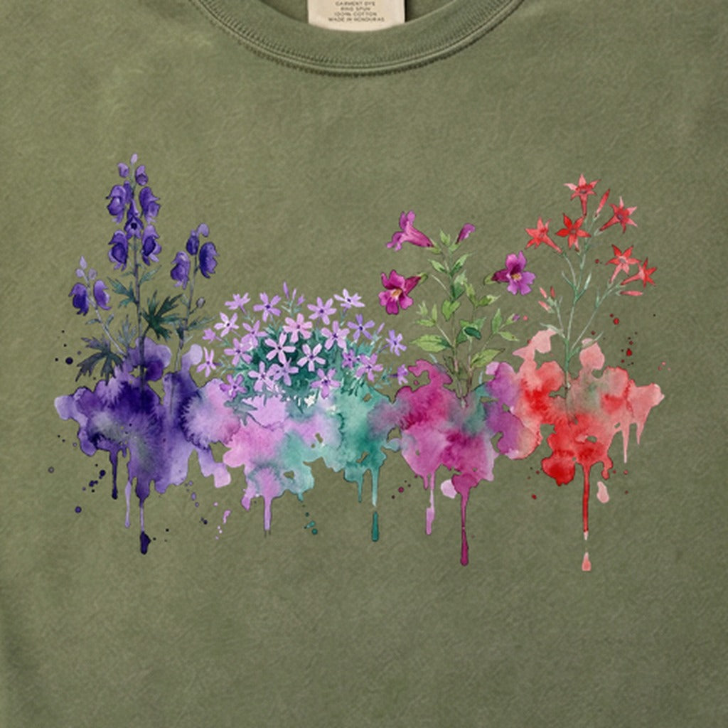 Watercolor Crater Lake Wildflowers Cotton T-Shirt