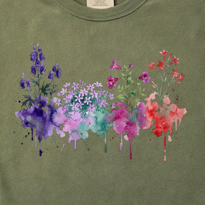 Watercolor Crater Lake Wildflowers Cotton T-Shirt