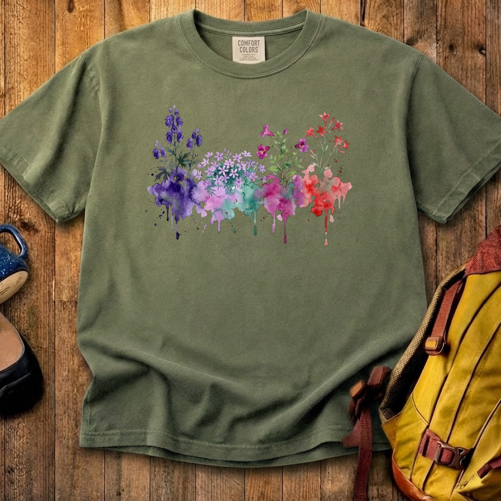 Watercolor Crater Lake Wildflowers Cotton T-Shirt