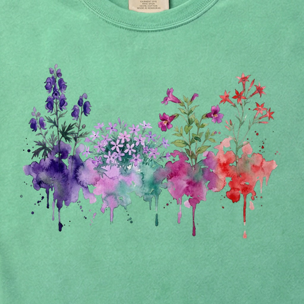 Watercolor Crater Lake Wildflowers Cotton T-Shirt