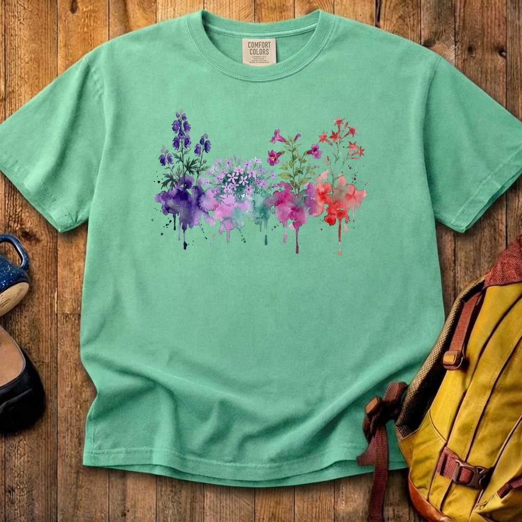 Watercolor Crater Lake Wildflowers Cotton T-Shirt