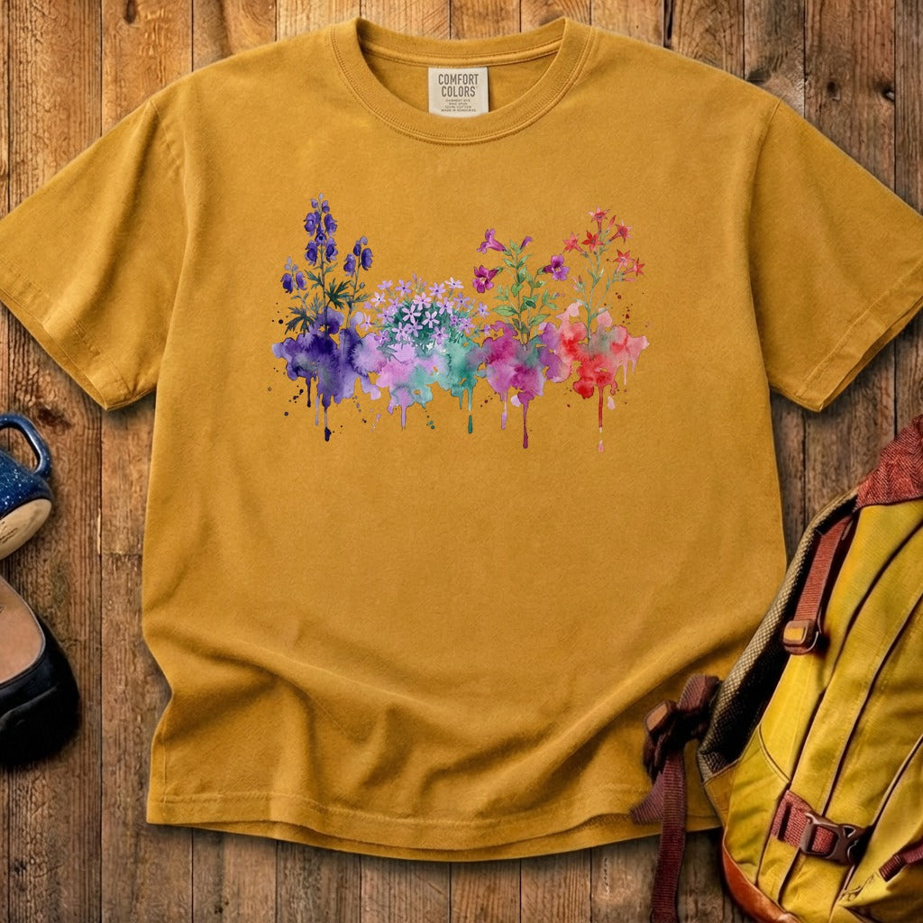 Watercolor Crater Lake Wildflowers Cotton T-Shirt