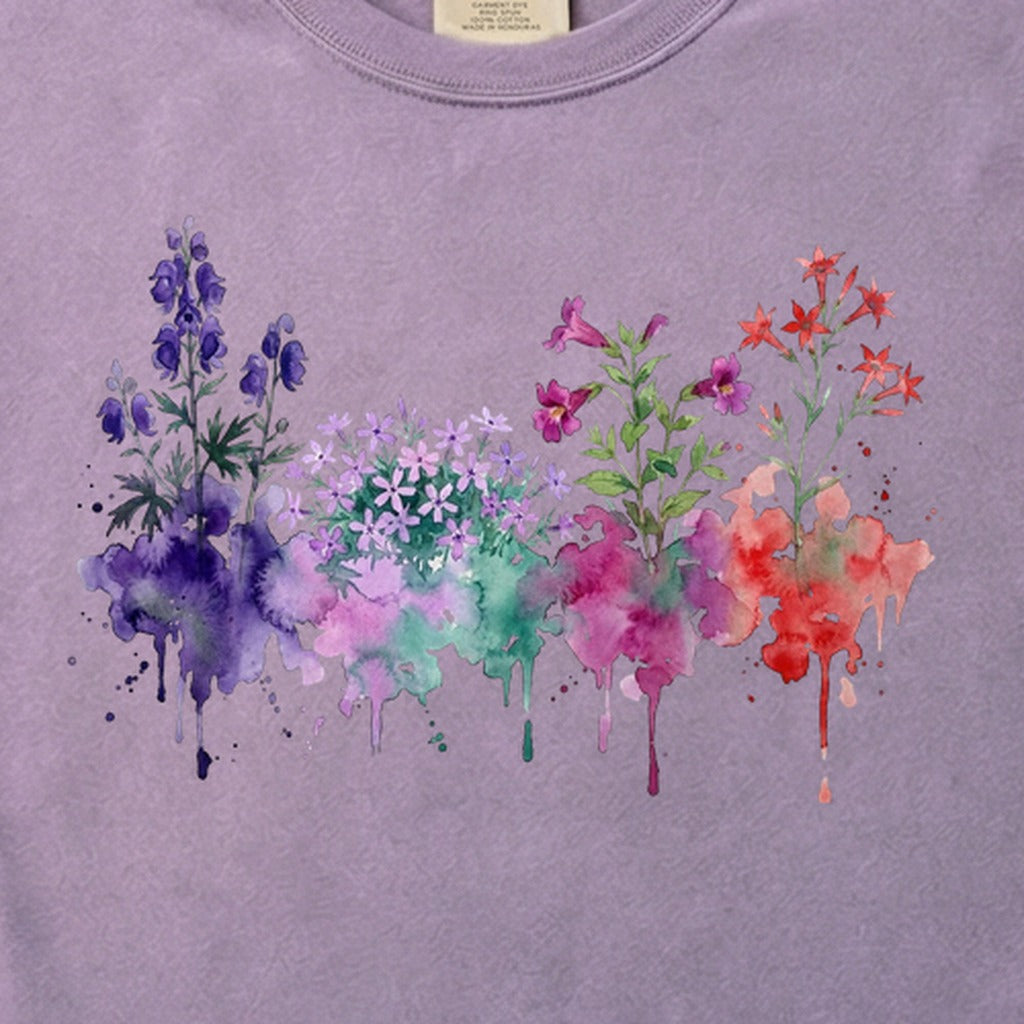 Watercolor Crater Lake Wildflowers Cotton T-Shirt