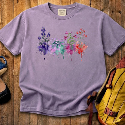 Watercolor Crater Lake Wildflowers Cotton T-Shirt