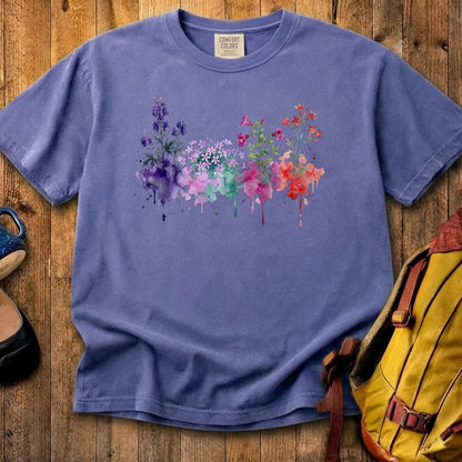 Watercolor Crater Lake Wildflowers Cotton T-Shirt