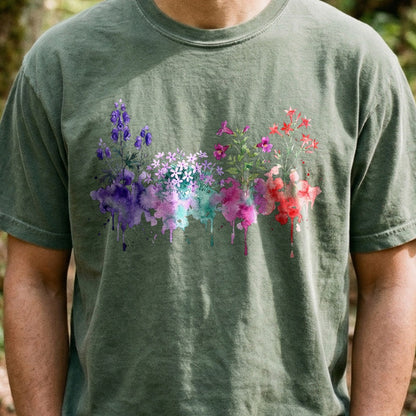 Watercolor Crater Lake Wildflowers Cotton T-Shirt