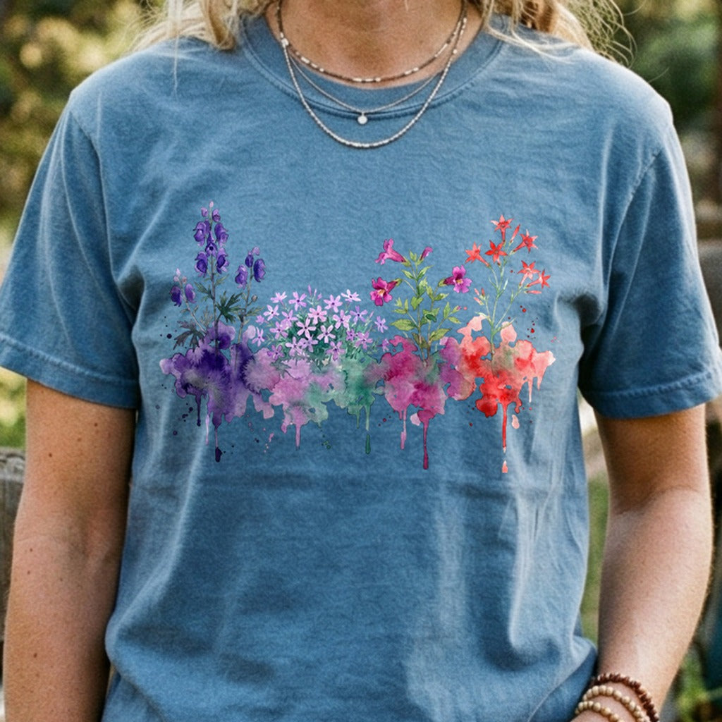 Watercolor Crater Lake Wildflowers Cotton T-Shirt