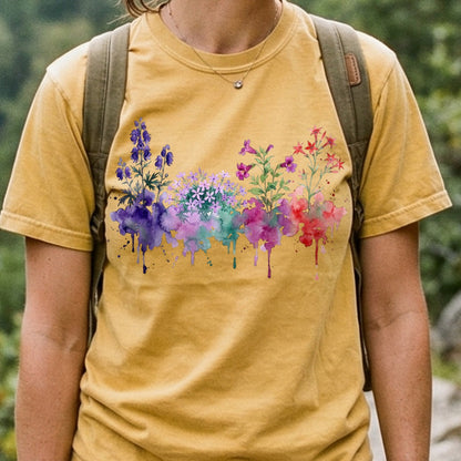 Watercolor Crater Lake Wildflowers Cotton T-Shirt