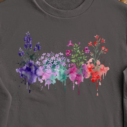 Watercolor Crater Lake Wildflowers Crewneck Sweatshirt