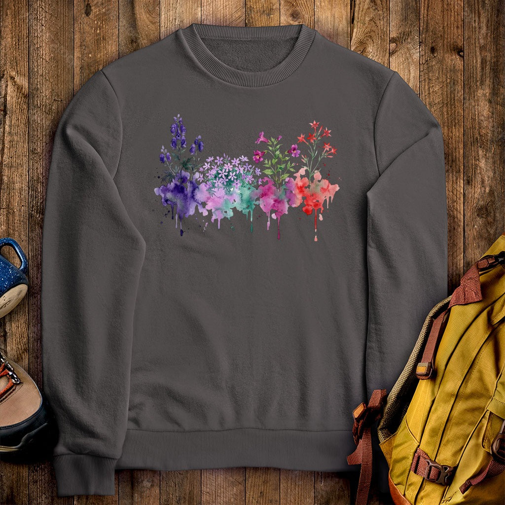 Watercolor Crater Lake Wildflowers Crewneck Sweatshirt