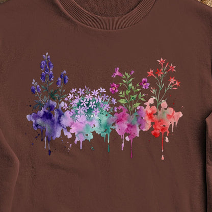 Watercolor Crater Lake Wildflowers Crewneck Sweatshirt
