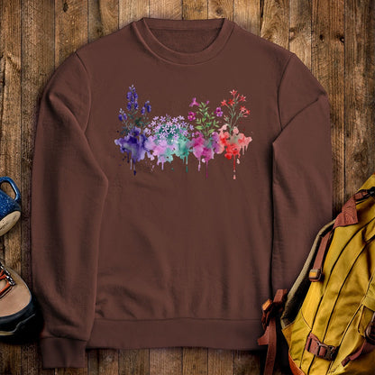 Watercolor Crater Lake Wildflowers Crewneck Sweatshirt