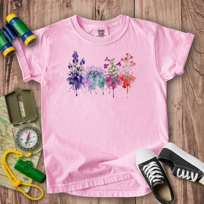 Watercolor Crater Lake Wildflowers Kids Cotton T-Shirt