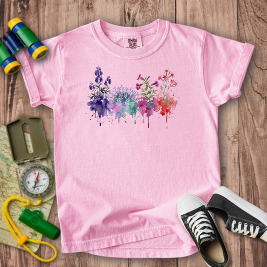 Watercolor Crater Lake Wildflowers Kids Cotton T-Shirt