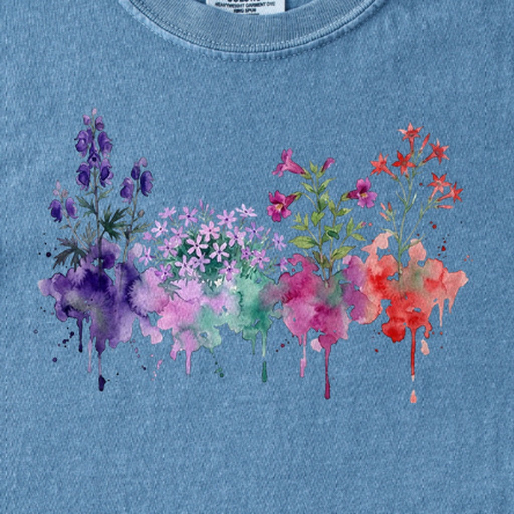 Watercolor Crater Lake Wildflowers Kids Cotton T-Shirt