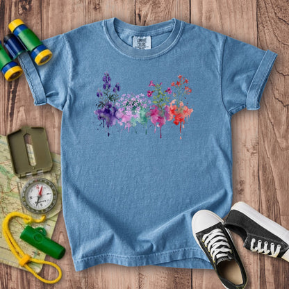 Watercolor Crater Lake Wildflowers Kids Cotton T-Shirt