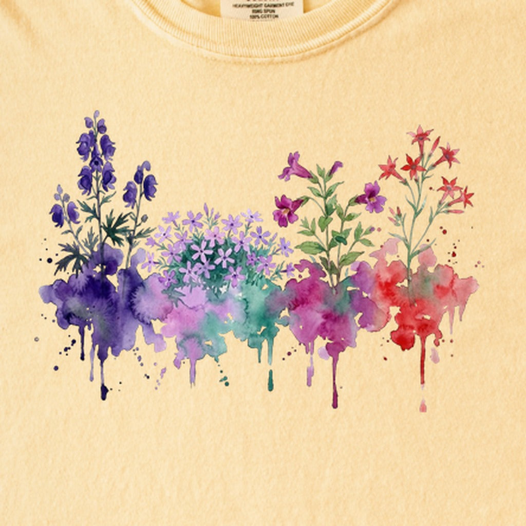 Watercolor Crater Lake Wildflowers Kids Cotton T-Shirt