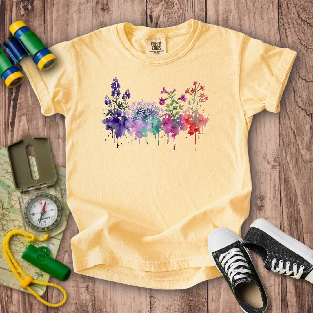 Watercolor Crater Lake Wildflowers Kids Cotton T-Shirt