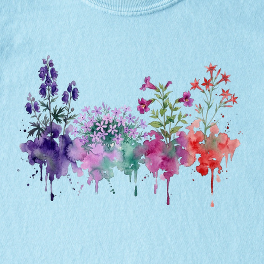Watercolor Crater Lake Wildflowers Kids Cotton T-Shirt