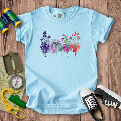 Watercolor Crater Lake Wildflowers Kids Cotton T-Shirt